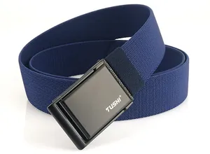Detail of dark blue nylon canvas belt with black metal buckle and matte texture