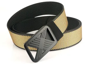Detail of nylon woven tactical belt with honeycomb texture and matte black X-buckle