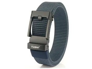 Detailed view of heavy-duty nylon tactical belt with matte black automatic metal buckle