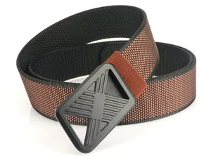 Close-up of quick-dry nylon woven belt with black geometric buckle and textured pattern