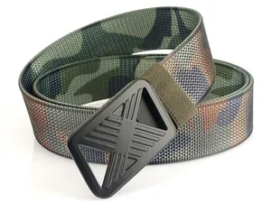 Close-up of tactical nylon belt with matte black X-pattern buckle and jungle camouflage