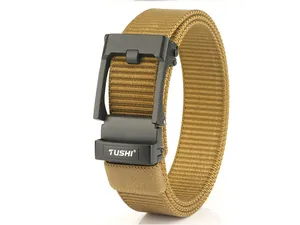 Detail view of khaki nylon tactical belt with black automatic buckle and brand logo