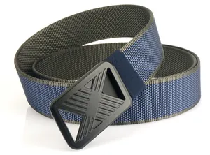 Detail of blue and grey woven men's belt with a black matte geometric hollow buckle