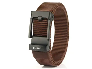 Detail of brown nylon tactical belt with a matte black automatic metal buckle mechanism