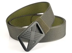Detail of army green nylon belt with black metal X-shaped hollow buckle for men