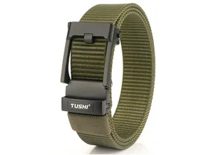 Macro detail of military green nylon tactical belt with matte black automatic metal buckle