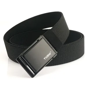 Men's durable black nylon canvas belt with matte black alloy buckle and TUSHI logo