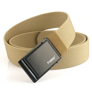 Men's khaki nylon canvas belt with black metal press buckle for casual work jeans