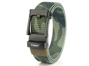 Close-up of camouflage nylon belt featuring a sturdy black metal automatic buckle