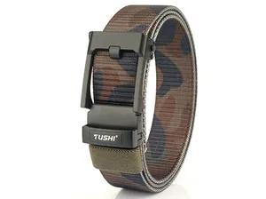 Detailed view of camo nylon tactical belt with a black automatic buckle and elastic loop