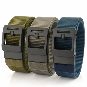 Three men's tactical nylon belts in army green, khaki, and navy blue with alloy buckles