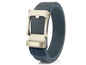 Detailed view of grey-blue nylon belt featuring a brushed metal automatic buckle
