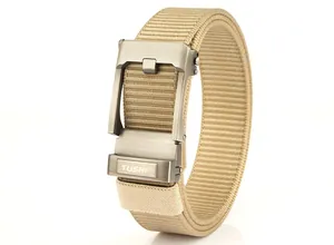 Detail of khaki nylon belt with frosted metal automatic buckle and woven texture