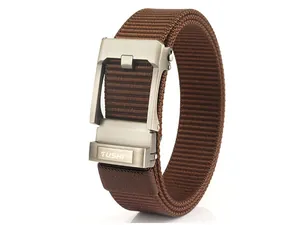 Close-up of brown nylon woven belt with matte silver automatic buckle by TUSHI