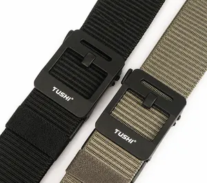 Close-up of durable nylon tactical belts with matte alloy buckles and TUSHI logo