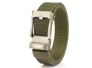 Detail of army green nylon tactical belt showing the brushed metal buckle with logo