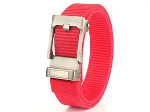 Detail of red nylon woven belt featuring a brushed metal automatic buckle and logo
