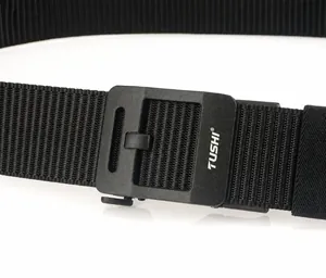 Detailed view of 4.3cm zinc alloy quick release buckle and woven nylon tactical belt