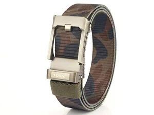 Detail of matte metal buckle with brand logo on jungle camouflage nylon tactical belt