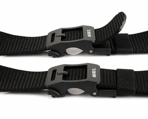 Detail of nylon tactical belt showing adjustable buckle mechanism and TUSHI brand logo