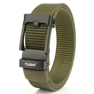 Army green tactical nylon belt with matte black automatic metal buckle and TUSHI logo