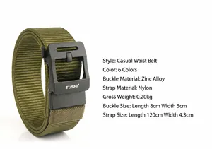 Detail of army green nylon tactical belt with matte black alloy buckle and dimensions