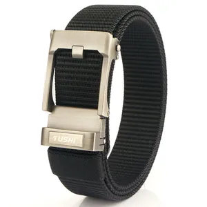 Tactical black nylon belt for men with matte titanium grey automatic buckle