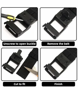 Instruction showing how to trim the tactical nylon belt and adjust the metal buckle length