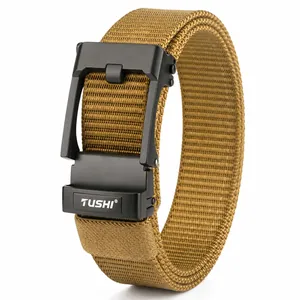 Tactical khaki nylon belt with black automatic metal buckle in outdoor utility style