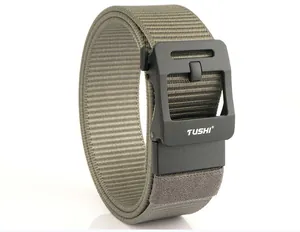 Detail of khaki nylon tactical belt with a matte black alloy quick-release buckle