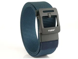 Detail of navy nylon tactical belt featuring matte black alloy automatic buckle with logo