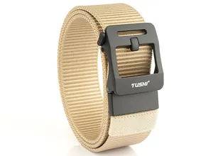 Detail of khaki nylon woven strap and matte black alloy quick-release tactical buckle