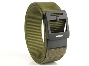 Close-up of army green nylon tactical belt with matte black buckle and brand logo