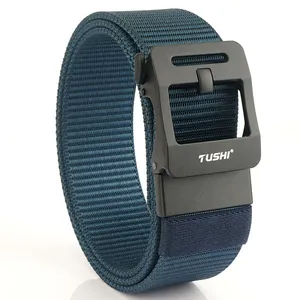 Tactical nylon braided belt for men with matte black alloy automatic buckle in dark blue