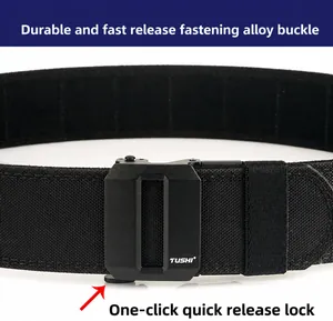 Macro shot of 5cm black tactical nylon belt with alloy automatic buckle and weave texture