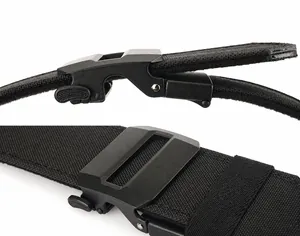 Detail view of the matte black automatic buckle and heavy-duty nylon belt mechanism