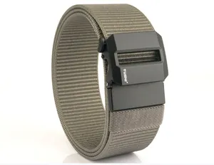 Close-up of military green nylon tactical belt with matte black buckle and logo