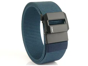 Detail of teal nylon canvas belt with matte black TUSHI buckle and thick woven texture