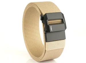 Detail of khaki nylon tactical belt with durable black buckle and tushi brand logo