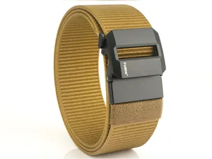 Close-up of khaki nylon webbing strap with matte black tactical quick release buckle