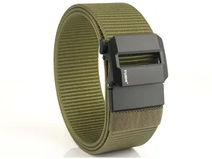 Macro detail of military green nylon tactical belt with black matte quick-release buckle