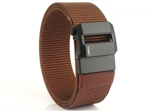 Close-up of brown nylon tactical belt with black matte metal automatic buckle and logo