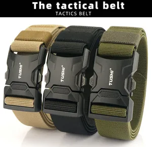 Three colors of tactical nylon belts with quick release aluminum buckles shown side by side