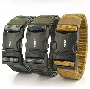 Detail view of quick-release tactical belts in camouflage and khaki nylon fabric