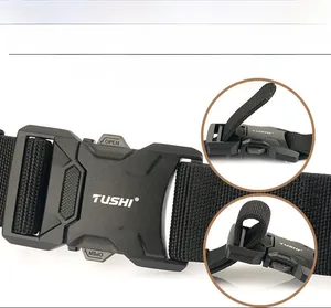 Detail view of tactical nylon belt with quick release alloy buckle and adjustable strap