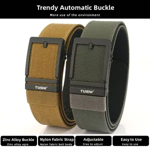 Macro detail of brown and green nylon tactical belts with automatic zinc alloy buckles