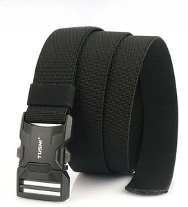 Detail view of 3.8cm black tactical nylon belt with quick release aluminum buckle
