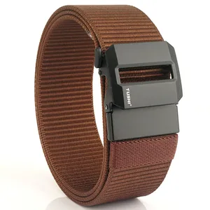 Brown heavy duty nylon canvas tactical belt for men with matte black automatic buckle
