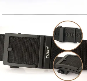 Detail of matte automatic buckle and double-thickened nylon tactical belt strap