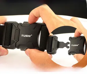 Close-up of tactical nylon belt with quick release zinc alloy buckle in operation